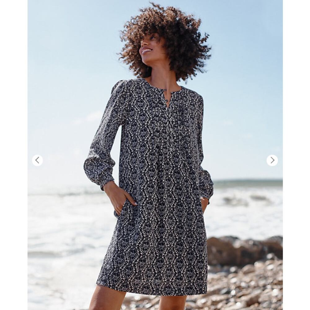 Garnet Hill SZ XL Shiloh Crêpe Dress Navy Vintage Geo Pockets 500797